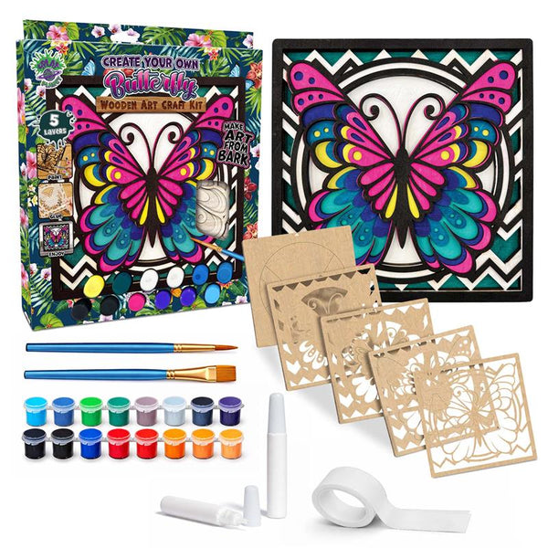 Butterfly wooden art craft kit, Butterfly craft kit for kids, Layered butterfly wood painting set, DIY Butterfly craft, Colourful butterfly décor, Nature themed wooden art, Kids butterfly project, Creative butterfly craft kit.