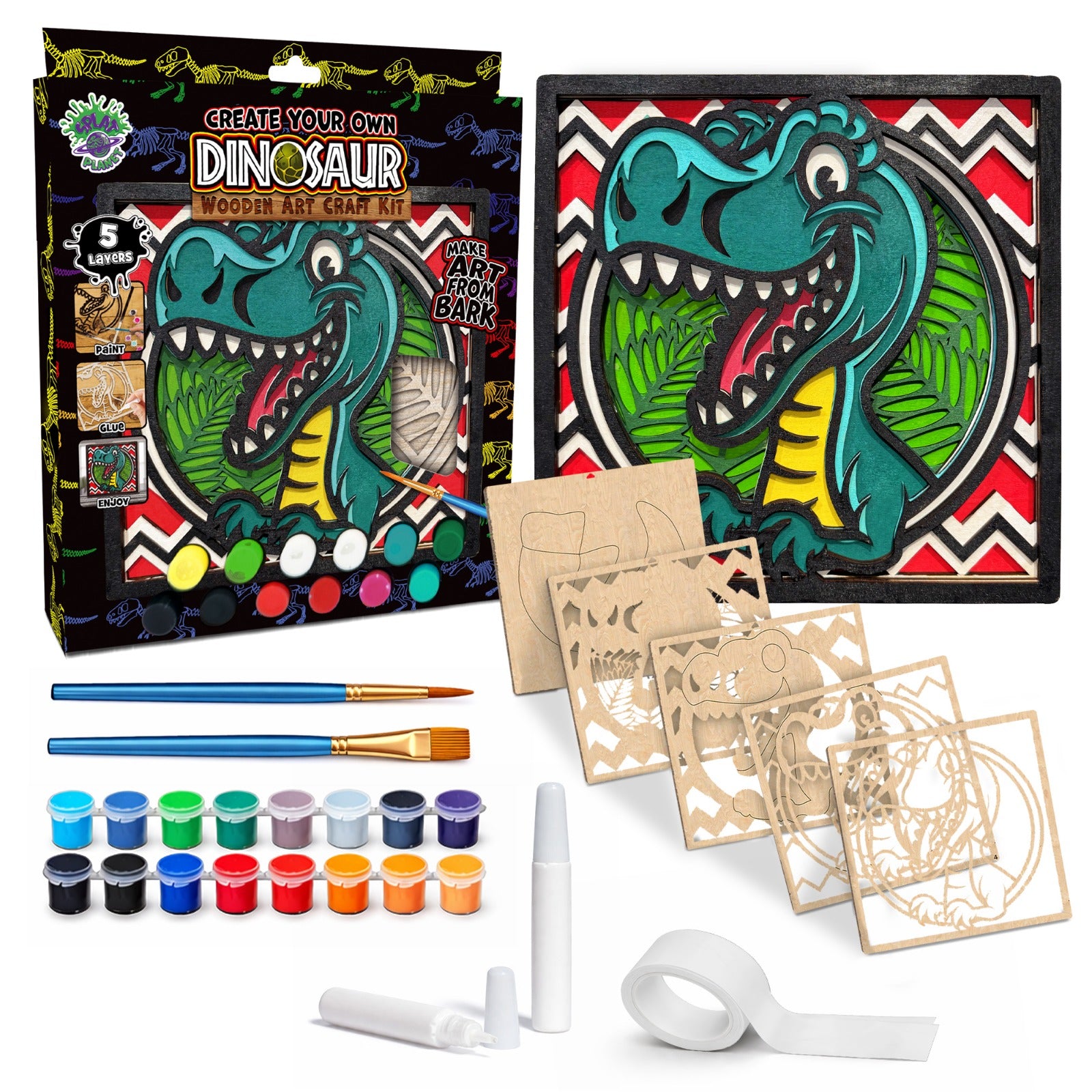 Dinosaur wooden art craft kit, Dino craft kit for kids, Layered dinosaur wood art, DIY Dinosaur painting set, Prehistoric themed craft kit, Kids Dino activity, Dinosaur wall décor, Creative Dino project, T-Rex wooden craft set.