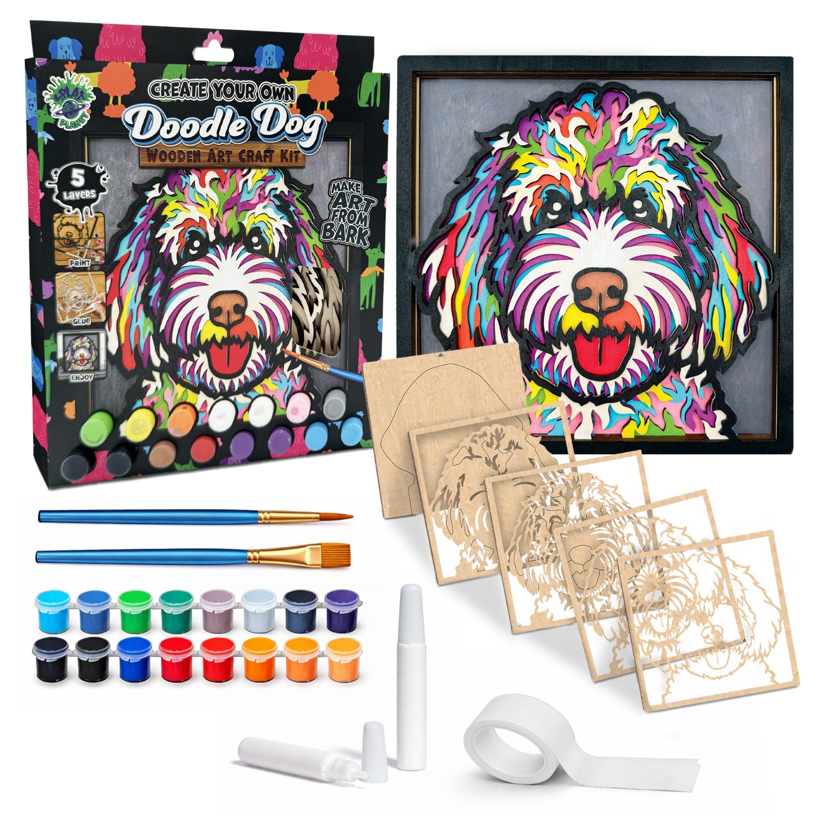 Doodle dog wooden art Craft  kit, Doodle dog craft kit for kids, Wooden dog painting set, DIY pet art kit, Layered doodle dog wood art, Fluffy dog wall décor, Kids doodle dog craft activity, Dog lover craft gift, Creative dog project.
