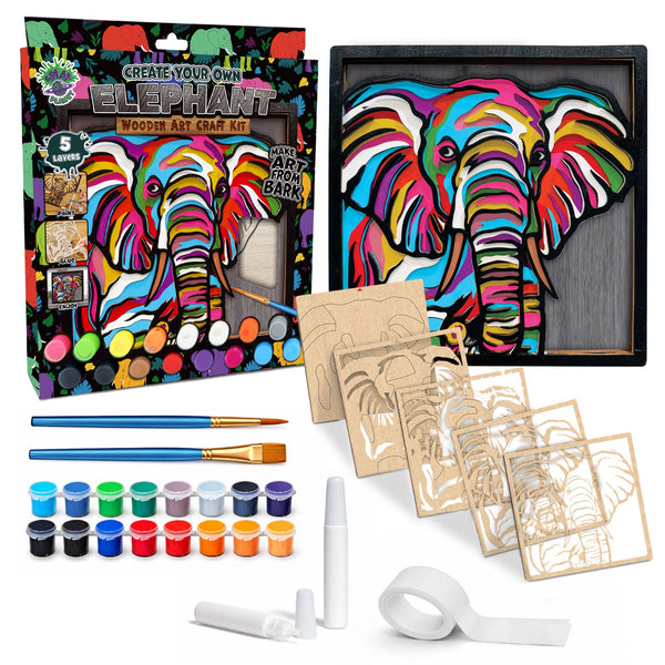 Elephant wooden art craft kit, Elephant craft kit for kids, Safari animal wood art, DIY Elephant craft, Layered Elephant painting set, Jungle themed wooden décor, Elephant wall art, Kids Elephant activity kit, Creative Elephant project, Wooden wildlife craft.