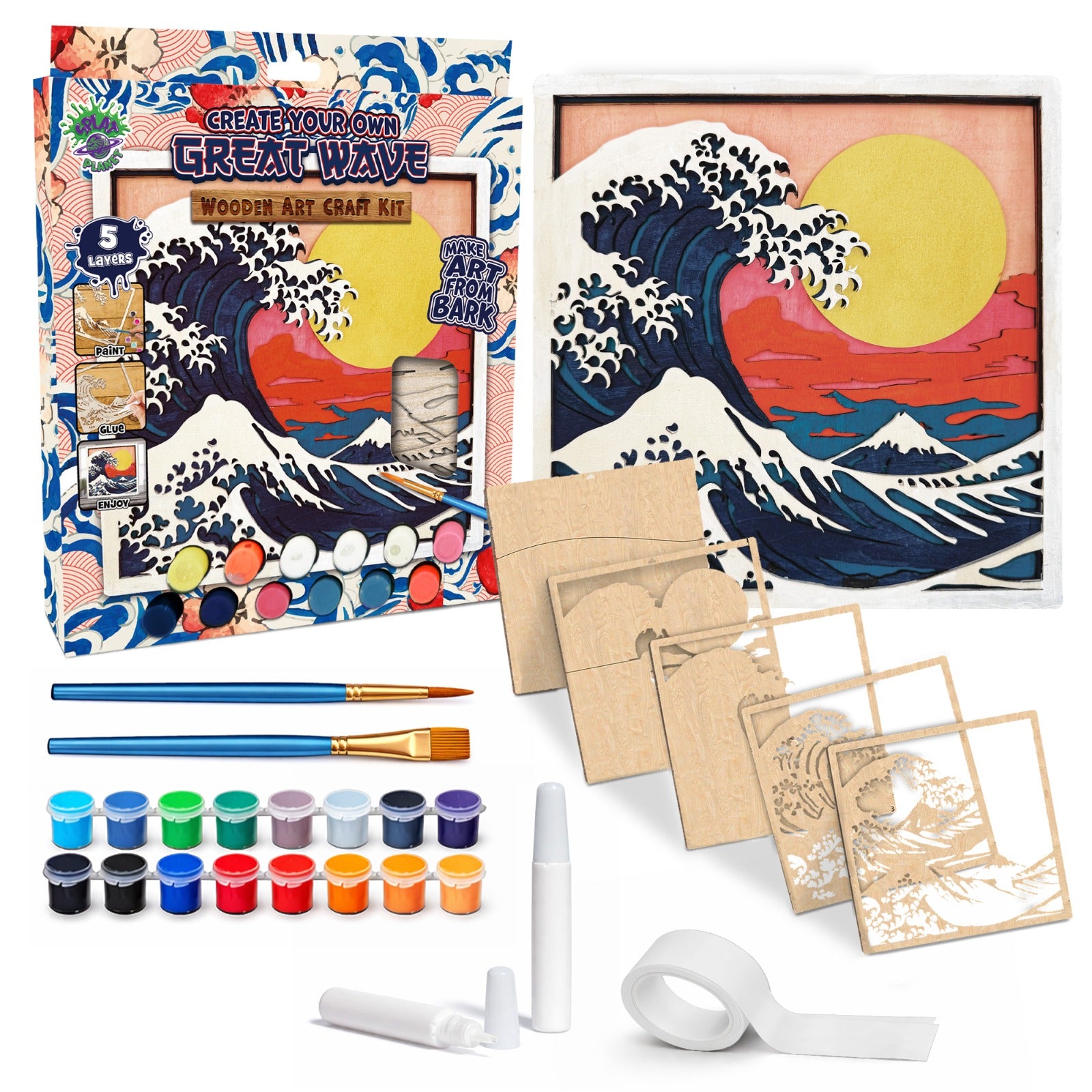 Great Wave wooden art Craft kit, Japanese Wave craft kit, Hokusai inspired wooden art, Ocean wave wood layers, DIY Wave painting set, Traditional wave wall art, Kids Japanese art craft, Great Wave décor craft, Water themed art kit, Layered ocean wooden art, Creative Wave project.