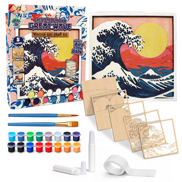 Great Wave wooden art Craft kit, Japanese Wave craft kit, Hokusai inspired wooden art, Ocean wave wood layers, DIY Wave painting set, Traditional wave wall art, Kids Japanese art craft, Great Wave décor craft, Water themed art kit, Layered ocean wooden art, Creative Wave project.