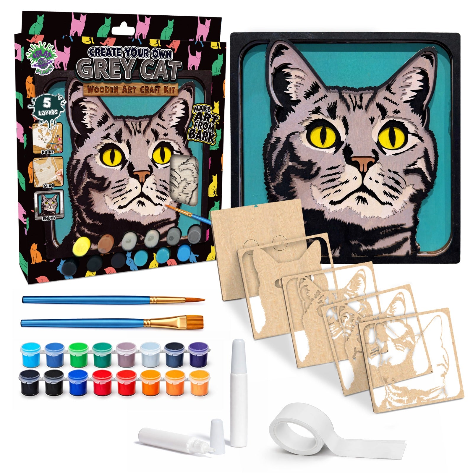 Grey cat wooden art craft  kit, Cat craft kit for kids, Layered cat wood art, DIY cat painting set, Cute cat wooden décor, Cat lover gift crafts, Wooden cat wall art, Kids cat craft activity, Creative feline art project.