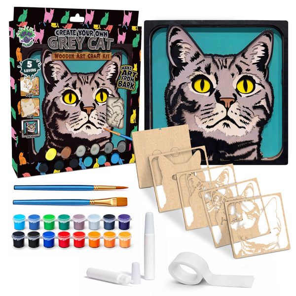 Grey cat wooden art craft  kit, Cat craft kit for kids, Layered cat wood art, DIY cat painting set, Cute cat wooden décor, Cat lover gift crafts, Wooden cat wall art, Kids cat craft activity, Creative feline art project.