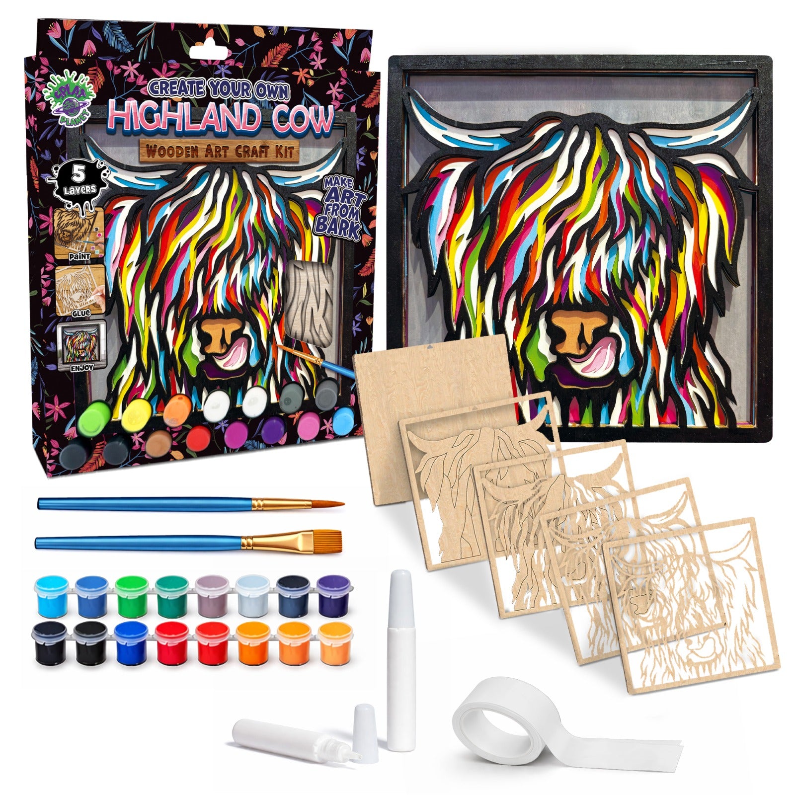 Highland Cow wooden art craft kit, Highland Cow craft kit for kids, Layered Cow wooden art, DIY Highland Cow painting set, Cute cow décor craft, Farm animal wooden art, Kids cow craft activity, Creative Highland Cow project.