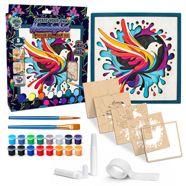Hummingbird wooden art Craft kit, Hummingbird craft kit for kids, Bird wooden painting set, DIY Hummingbird craft, Layered bird wooden art, Hummingbird wall décor, Nature themed craft kit, Hummingbird gift set, Kids bird craft activity, Colourful bird wooden art, Creative Hummingbird project.