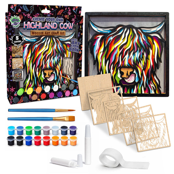 Highland Cow wooden art craft kit, Highland Cow craft kit for kids, Layered Cow wooden art, DIY Highland Cow painting set, Cute cow décor craft, Farm animal wooden art, Kids cow craft activity, Creative Highland Cow project.