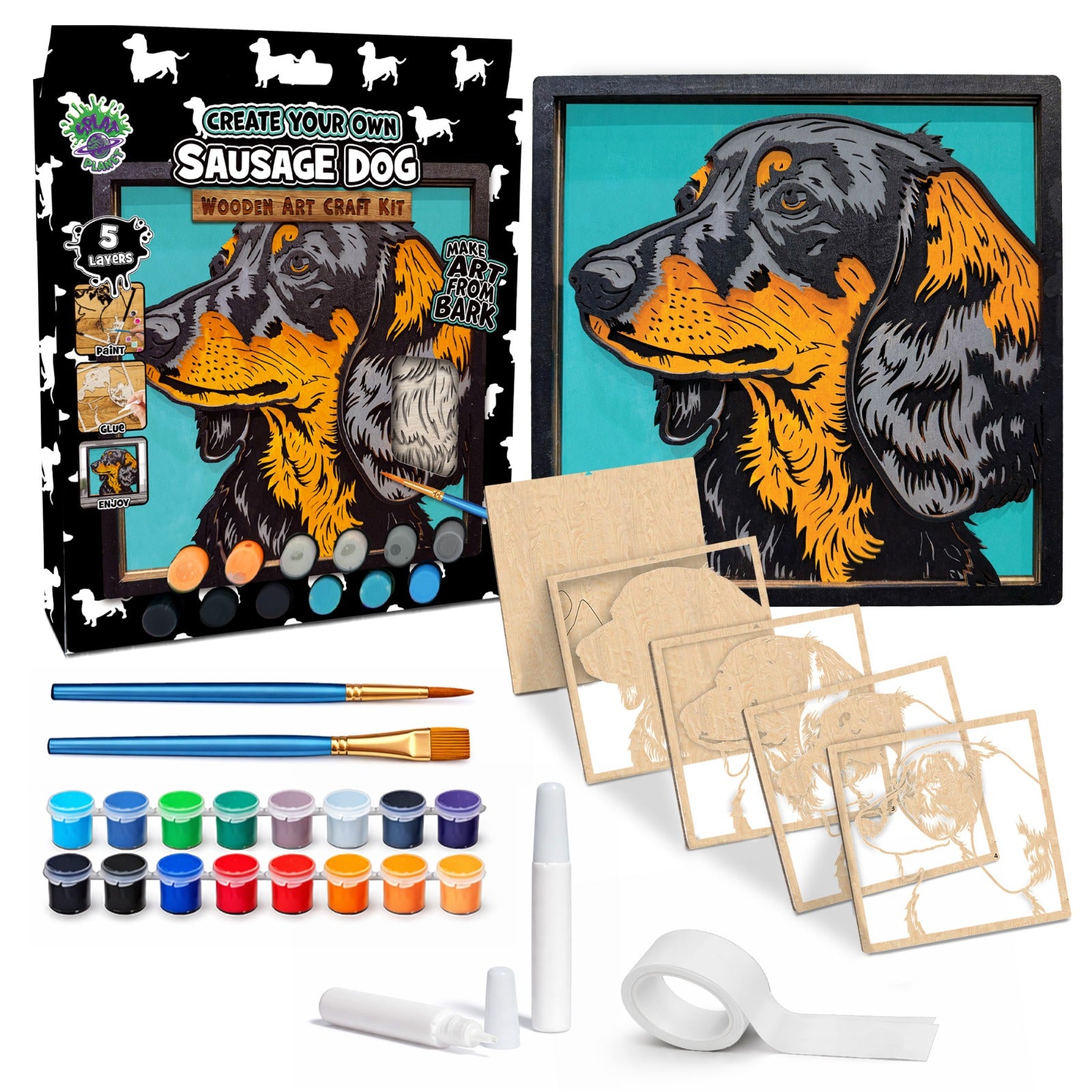 Sausage dog wooden art Craft kit, Dachshund craft kit for kids, Sausage dog wood painting set, Cute dog wooden art, DIY dog craft, Dachshund wall art, Sausage dog gift for children, Layered dog wood art, Creative dog project, Wooden Dachshund décor, Kids dog craft activity, Dog lover gift crafts.