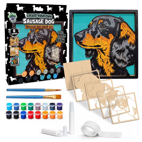 Sausage dog wooden art Craft kit, Dachshund craft kit for kids, Sausage dog wood painting set, Cute dog wooden art, DIY dog craft, Dachshund wall art, Sausage dog gift for children, Layered dog wood art, Creative dog project, Wooden Dachshund décor, Kids dog craft activity, Dog lover gift crafts.