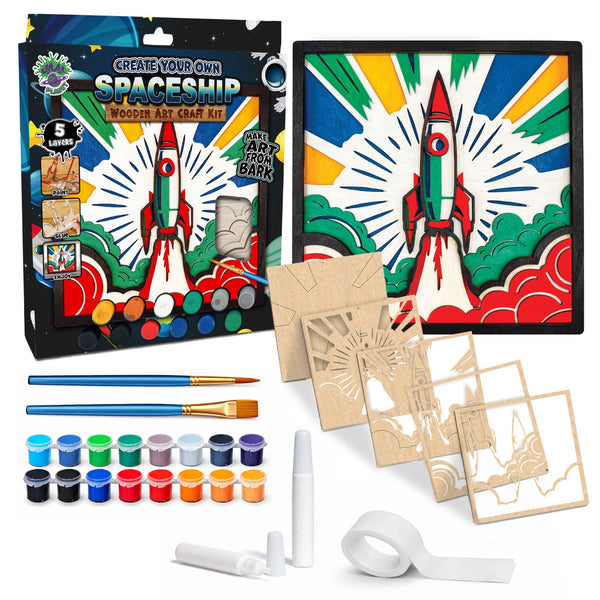 Spaceship wooden art craft kit, Rocket craft kit for kids, Space rocket wood painting set, DIY spaceship craft, Astronaut themed wooden art, Space décor project, Kids rocket activity kit, Creative space art craft.