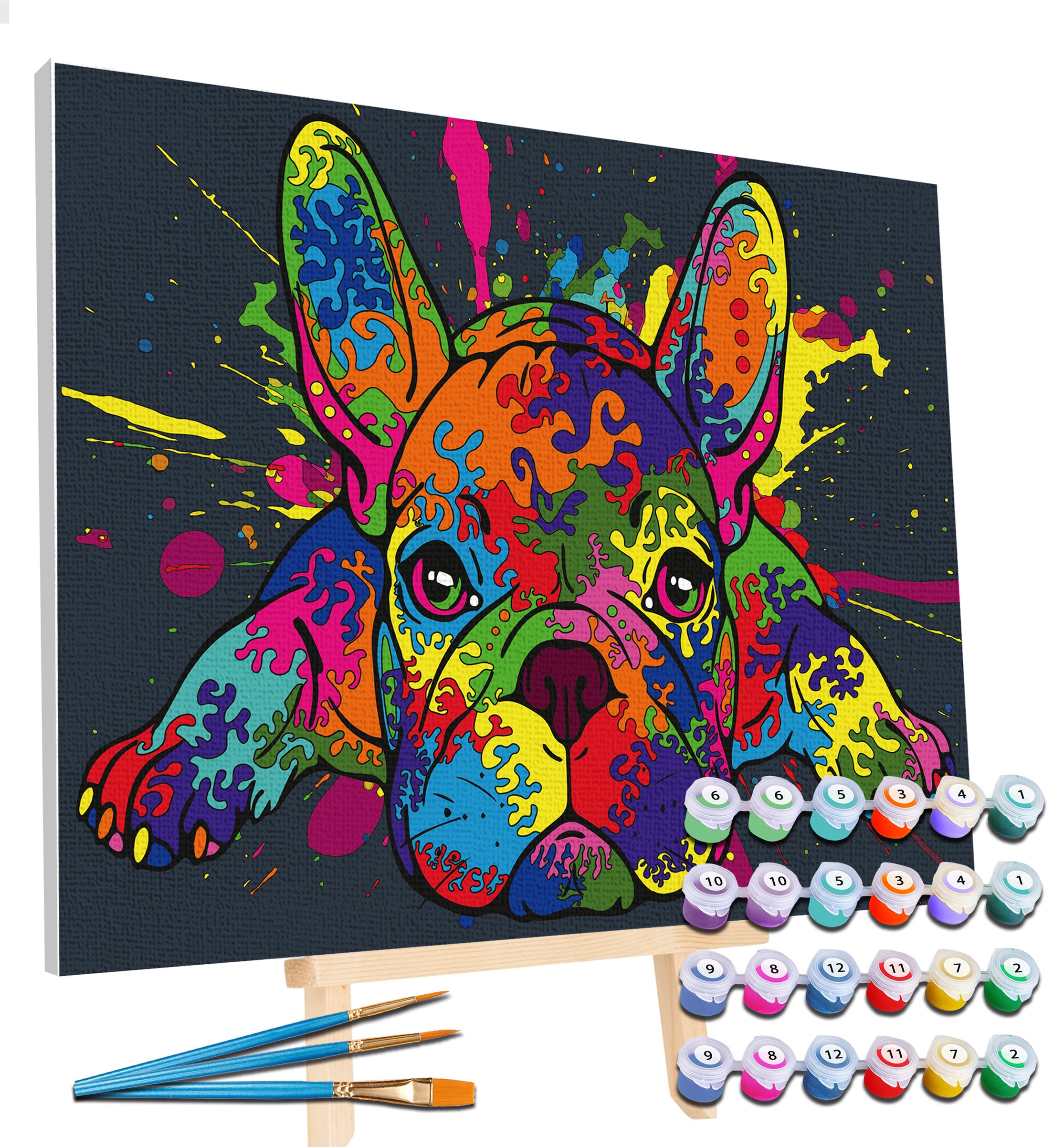 French Bulldog paint by number, French Bulldog painting, Dog painting for kids, Dog painting easy, French Bulldog painting set, washable acrylic paints,  gifts for girls, paint by number on canvas, paint by numbers ready for wall mounting, paint by numbers for kids, paint by numbers for beginners, paint by numbers for children, paint by numbers with frame, framed paint by numbers, French bulldog gifts,  French bulldog toys, French Bulldog Art, arts and crafts for adults, fluorescent paints, UV Neon Paints